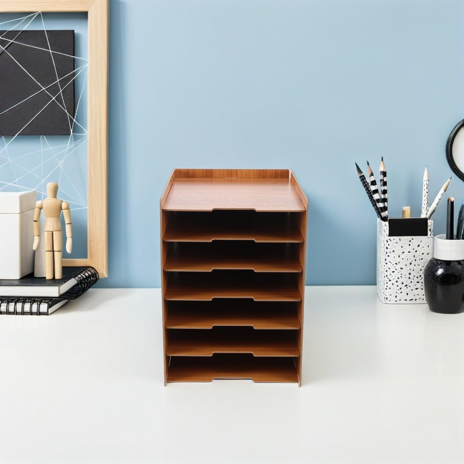 OSALADI Portadocumenti da Scrivania in Legno con 7 Livelli, Struttura Rinforzata e Design Naturale, Organizer Componibile per Ufficio e Spazio di Lavoro
