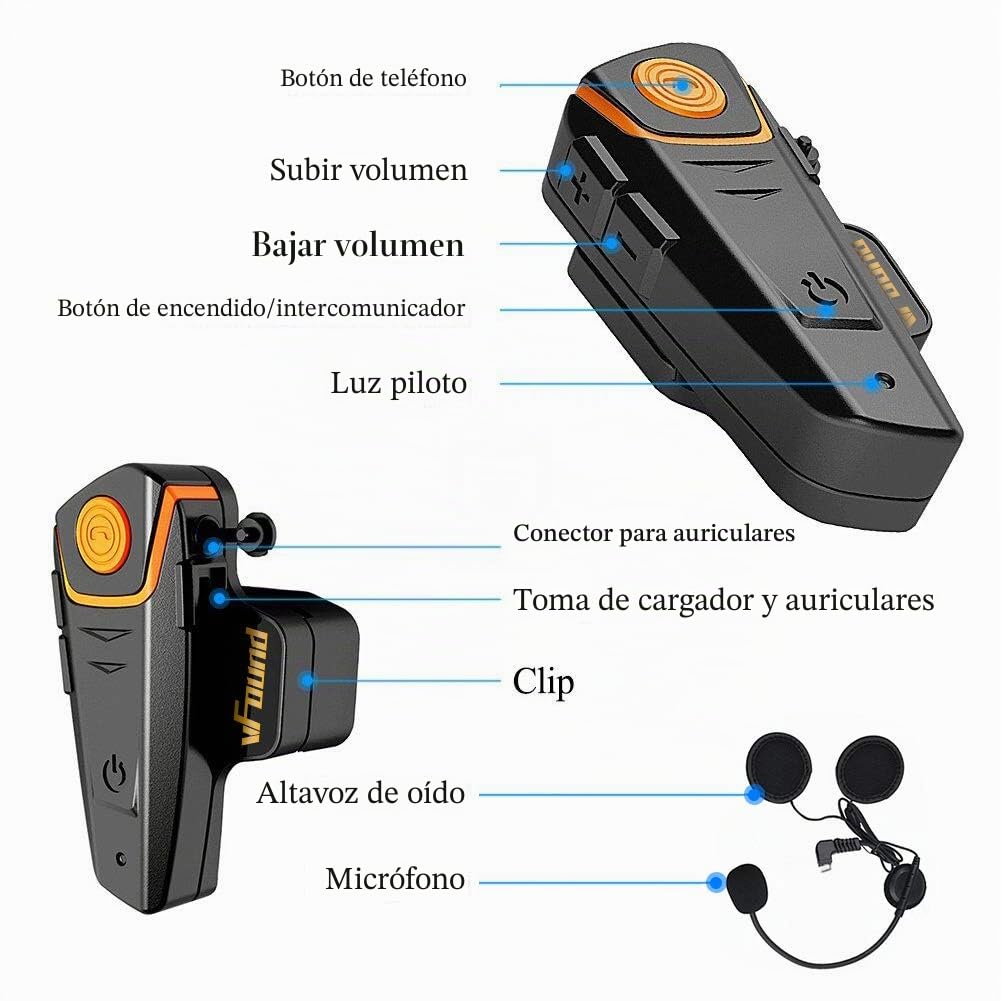 Qaurora BT-S2 1000 M Bluetooth Headset Impermeable, Casco Intercomunicador Interphone Móvil para 2 o 3 Jinetes y 2,5 mm de Audio para Walkie Talkie GPS (2 Pieza)