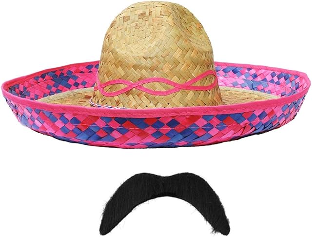 MENS MEXICAN DELUXE PINK EMBROIDERED SOMBRERO - LARGE WILD WEST STRAW HAT + FAKE MOUSTACHE FANCY DRESS HOLIDAY ACCESSORY IDEAL FOR STAG NIGHT, BEACH PARTY, SUMMER