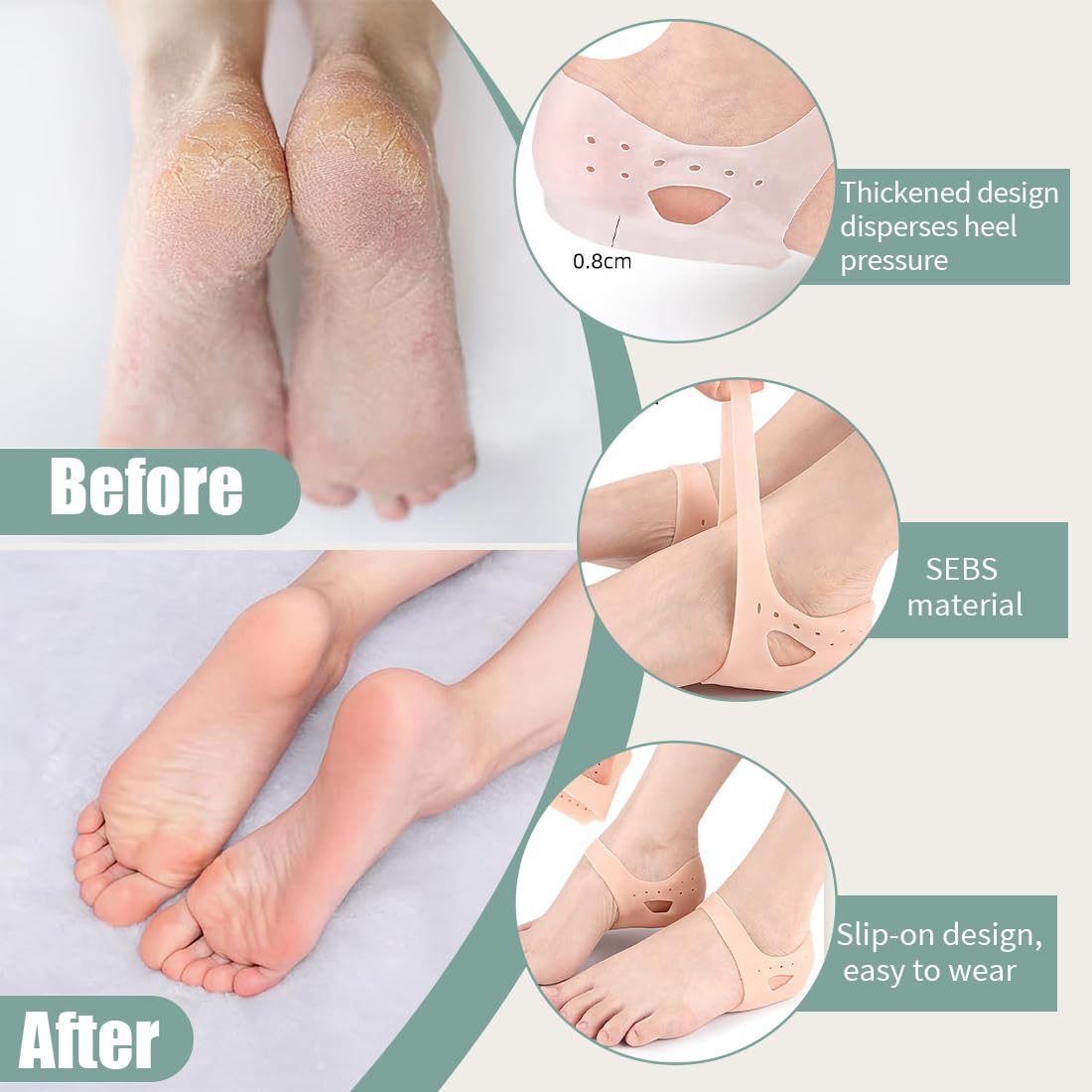 Protector de Talón de Gel para Fascitis Plantar - Copa de Talón para Hombres & Mujeres, Talla 36-43, Alivia Dolor de Tendón de Aquiles & Talones Agrietados