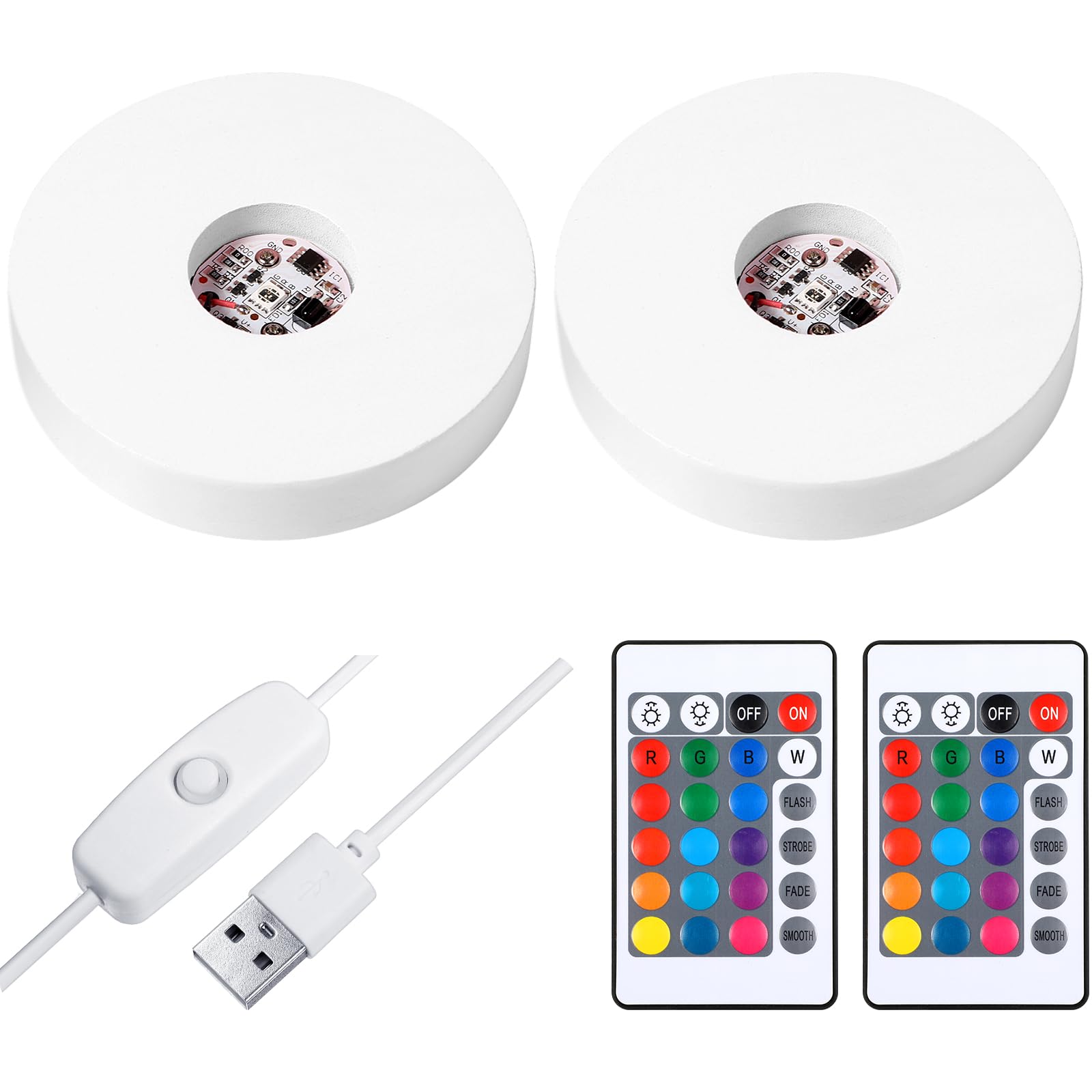 Mudder 2 Pcs Light LED Base Wood LED Display Base for Glass Art Decor Crystal Acrylic Resin, 16 Colored USB Light with Remote Wooden Round Lamp Stand