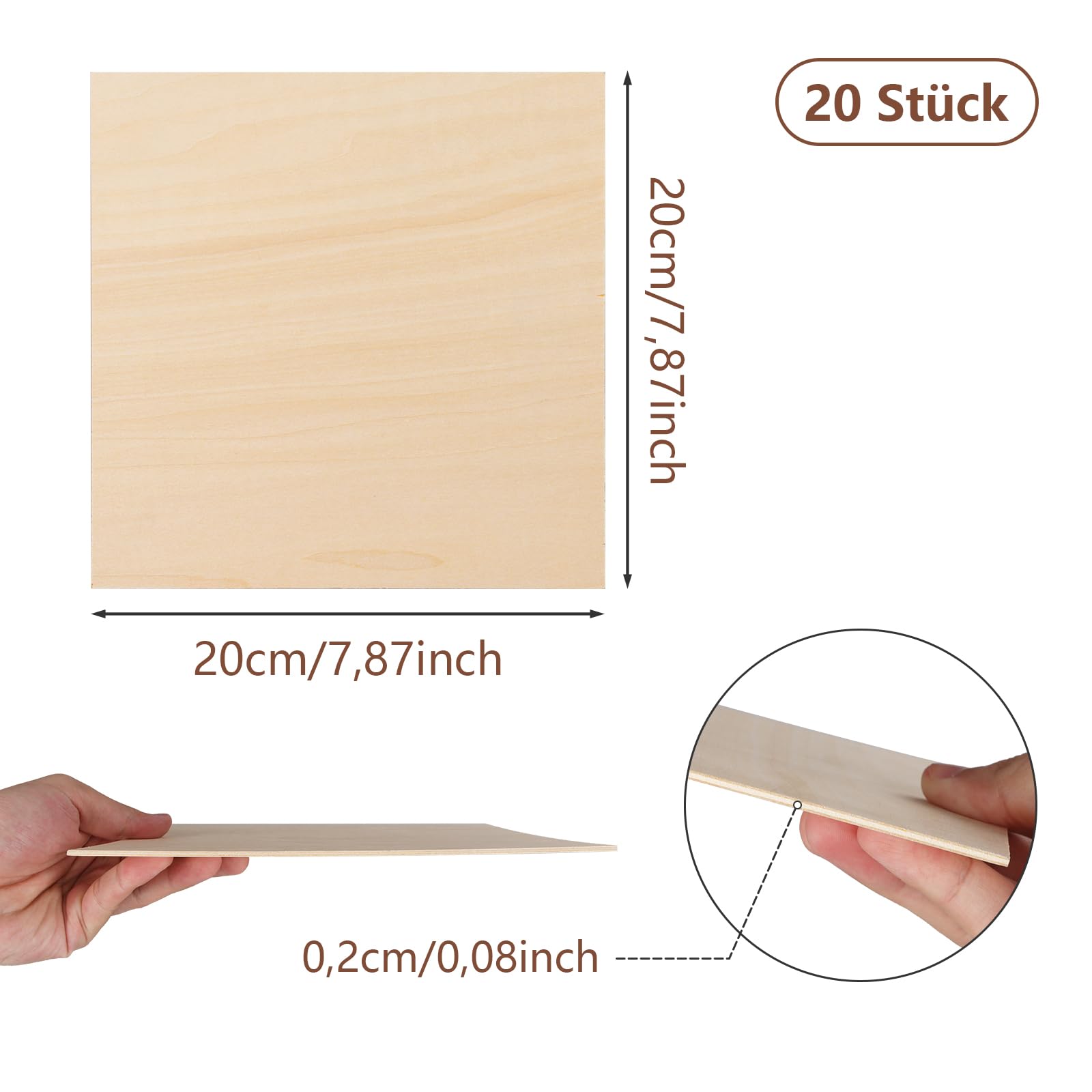 YOUNTHYE Planche de Bois 200x200x2mm Contreplaqué 2mm pour Bricolage Lot de 20 Feuilles de Bois Brut pour Architecture Maquette Décoration de Mariage Surface Lisse sans Éclats