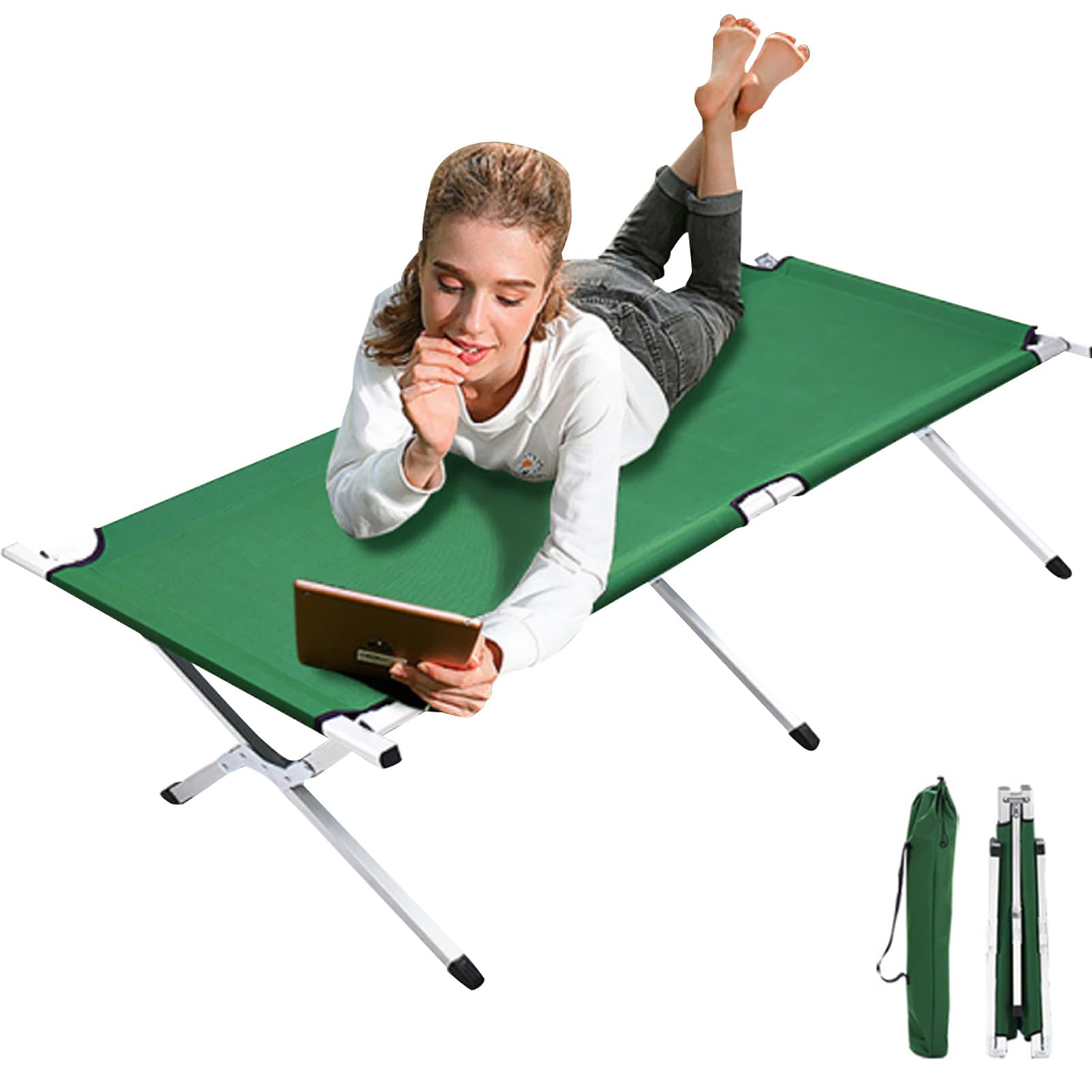 Beauenty Camping Cot, Adult Beach Bed with Handbag, Comfortable Folding Bed, Portable Folding Sleeping Cots for Hikes, Trips, Parties, Courtyards (Green)