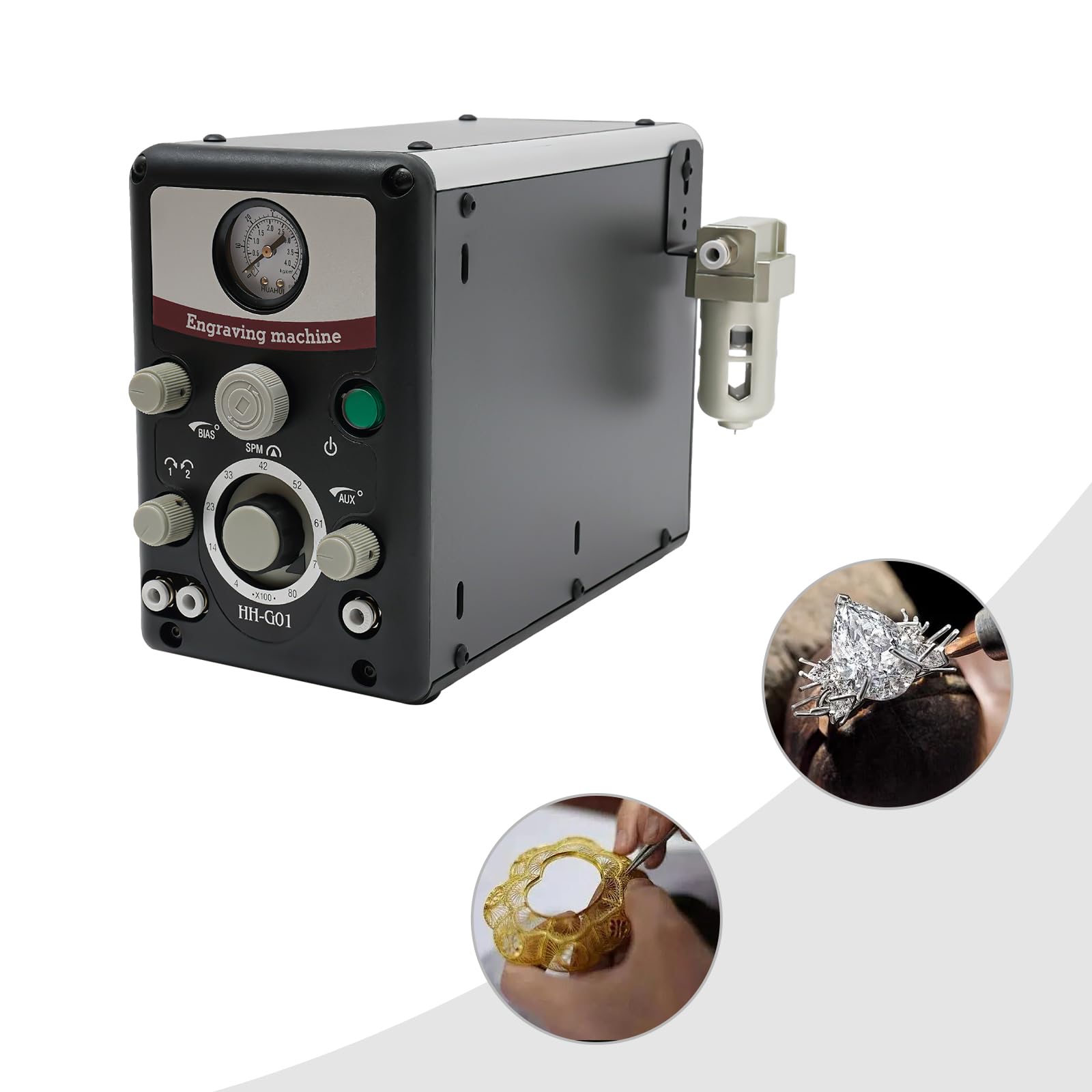 Macchina per incisione pneumatica per gioielli, macchina per incisione da tavolo, con pedale e strumento di pressione dell'aria, 80 W, potenza 400-8000 giri/min, per incisioni precise