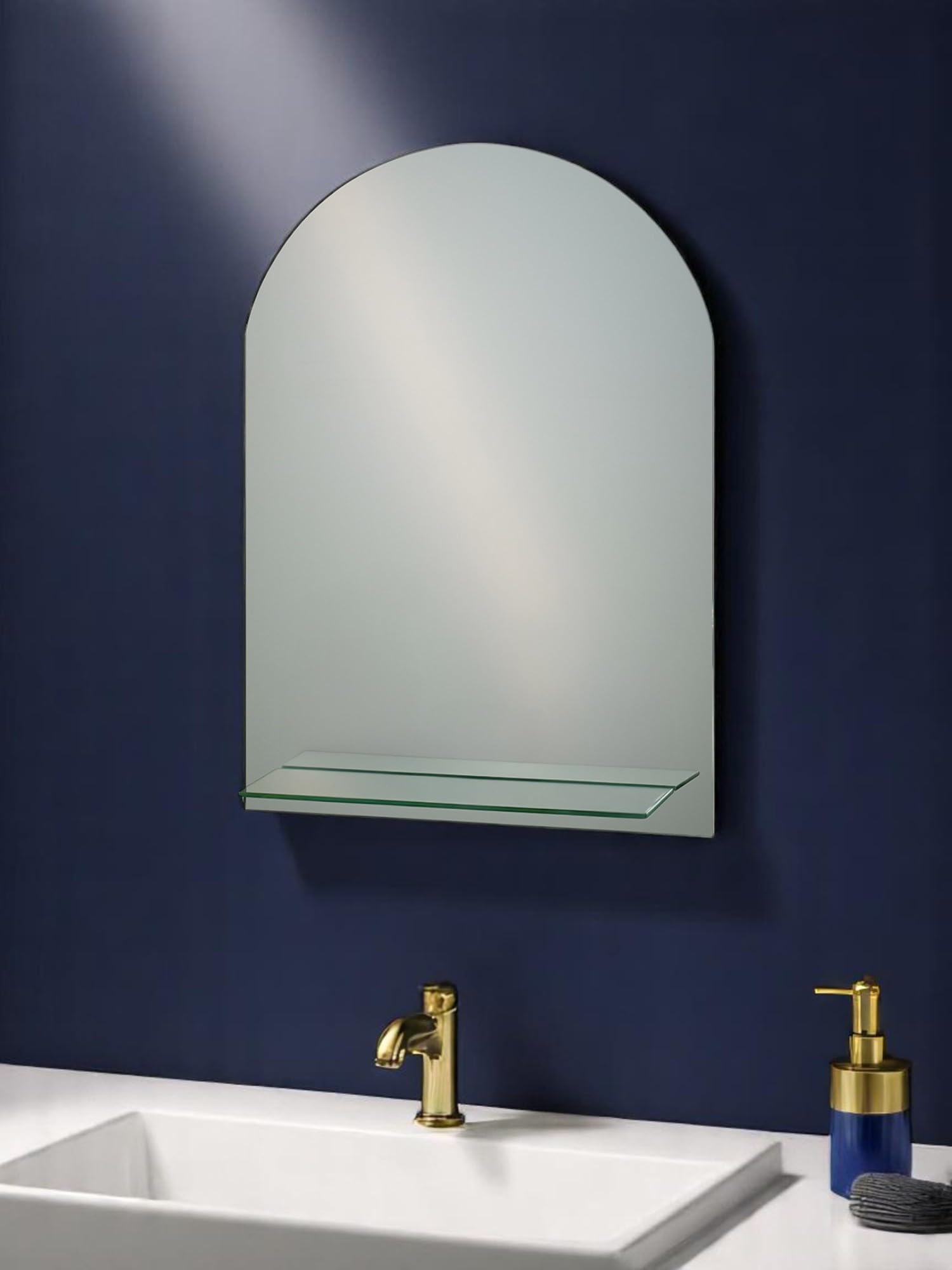 Showerdrape Arched Frameless Bathroom Mirror With Glass Vanity Shelf - Silver