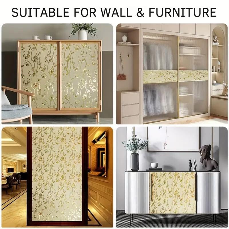 Image of Golden Flowers Self Adhesive Wallpaper Roll for Wall & Furniture | Waterproof PVC Peel & Stick Contact Paper for Wardrobe, Cabinet, Kitchen & Home Decor