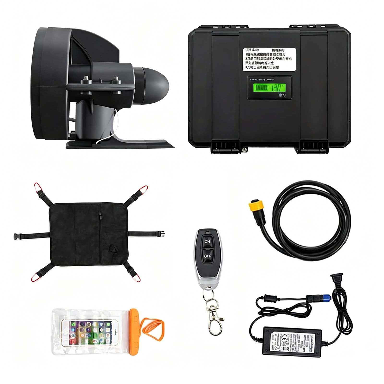 QFGain Electric SUP Motor Fin, 12V Underwater Thruster for Kayak Paddle Board, Complete Kit with Waterproof Battery Bag, 12V Battery, Charger, Remote & Carry Bag 288W
