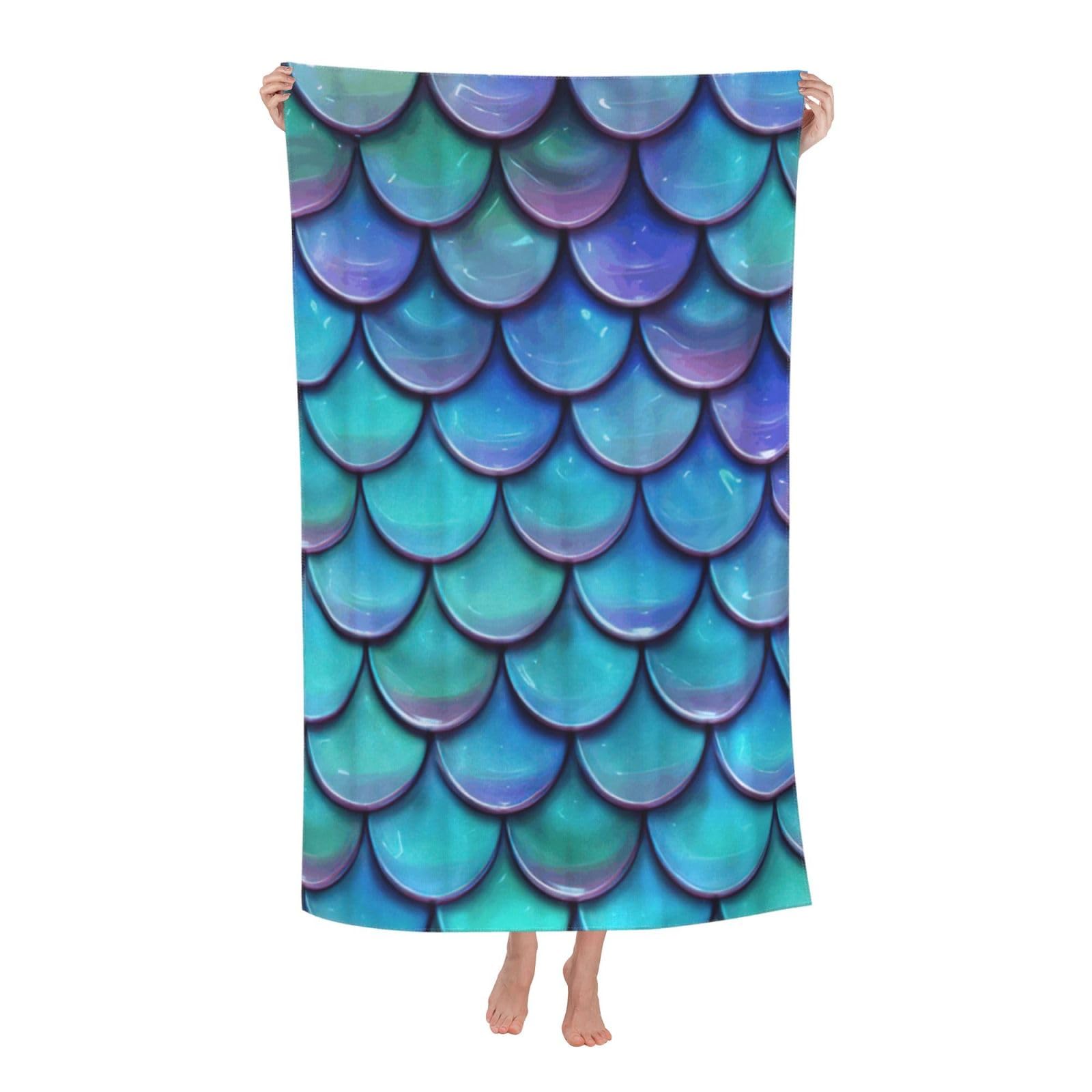 NImongt Mermaid Teal Fish Scale Print Oversized Adult Beach Towel For Travel Weekend Getaways Festivals Camping Trips