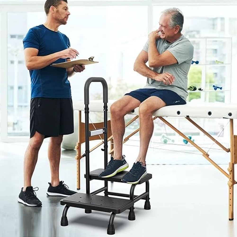 2-Tier Step Stool for Adults with Handles, Non Slip Platform and Adjustable Handrail, Two Step Stool for Ederly, Adults and Handicap, Heavy Duty Steps Stool for High beds, Kitchen, Bathtub (Black)