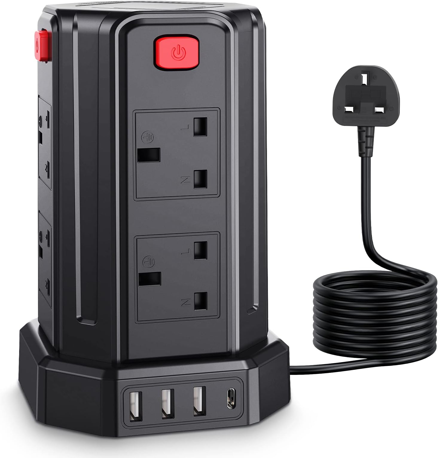 Tower Extension Lead 3M, [13A 3250W] Surge Protector Extension Lead, 8 AC Outlets & 4 USB Ports Multi Plug Socket Power Strip with 3M Extension Cable for Home, Office
