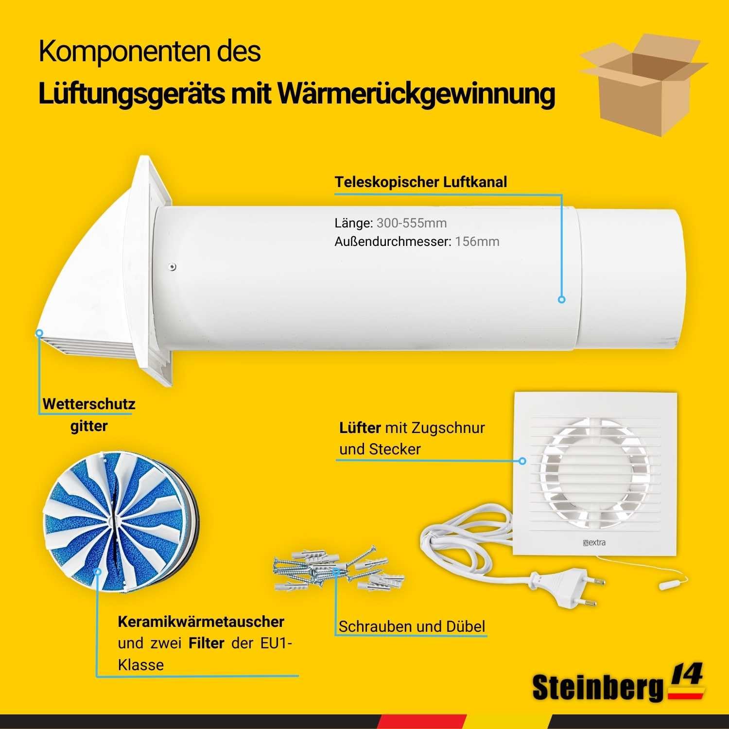 Steinberg14 Weiß 150mm Dezentrale Lüftung mit Wärmerückgewinnung - Rekuperator mit Kabel und Zugschnur - Wandlüfter mit Wärmetauscher - Raumbelüftung Wohnraumlüftung Belüftungssystem Lüftungsanlage