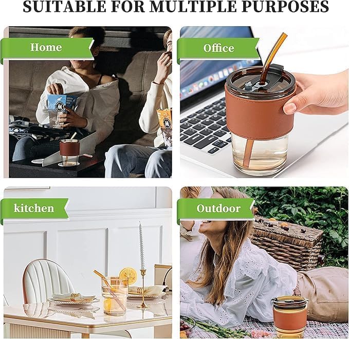 Image of 400ml Glass Sipper Mug with Leather Grip Sleeve - Leak-Proof Lid & Straw | Reusable Tumbler for Hot & Cold Beverages, Water, Juice, Coffee | Home, Bar, Office Use (Small Brown Lather Mug)