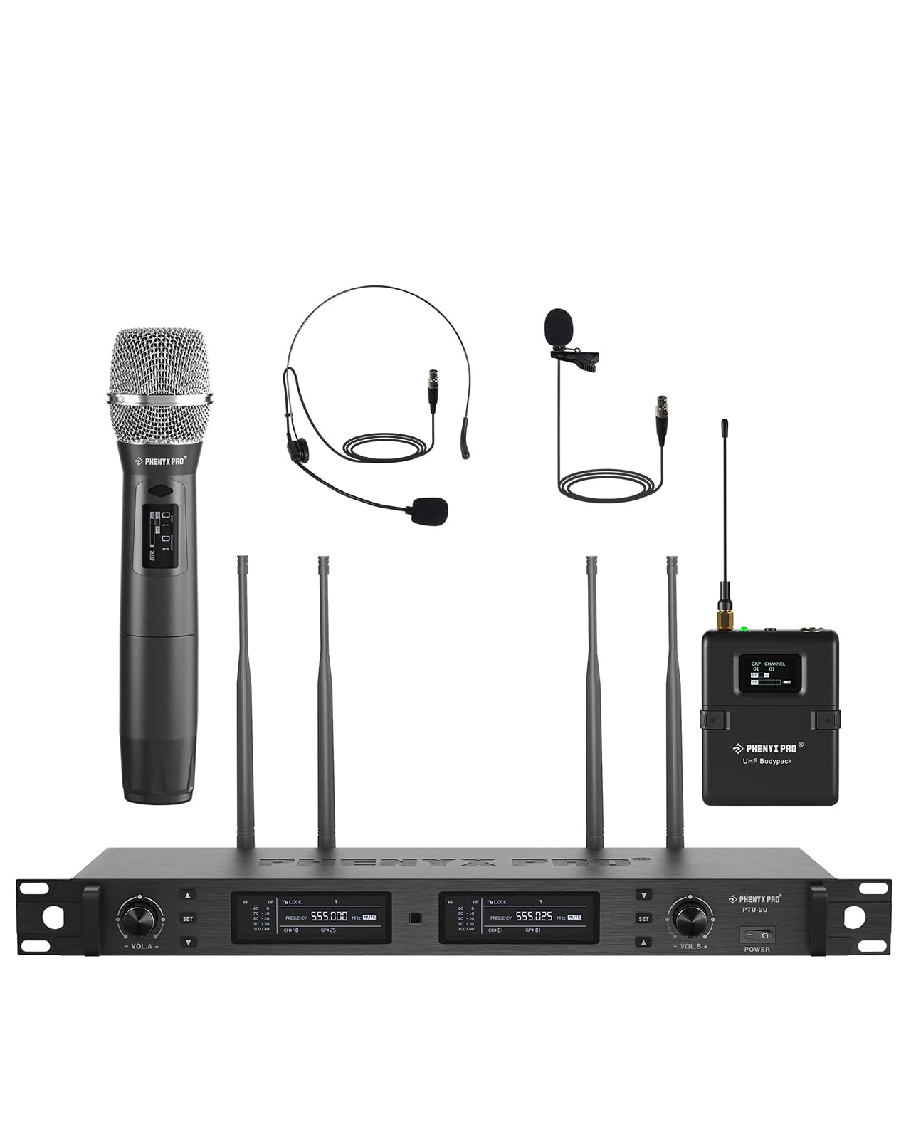 Phenyx Pro Wireless Microphone System, True Diversity Dual Cordless Microphone Set w/UHF HandheldMicrophone/Bodypack/Headset/Lapel Mics, Auto Scan, 2x1000 Channels for Stage & Studio (PTU-2U-1H1B)