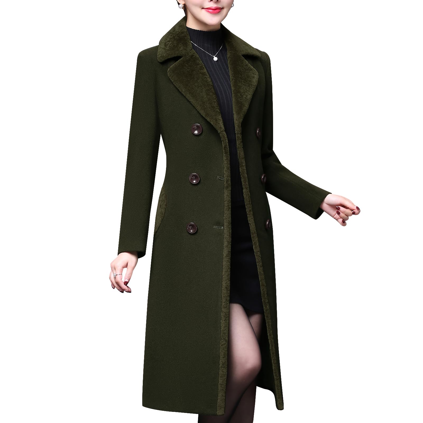 Aprsfn Women's Double-Breasted Notched Lapel Midi Wool Blend Pea Coat Jackets
