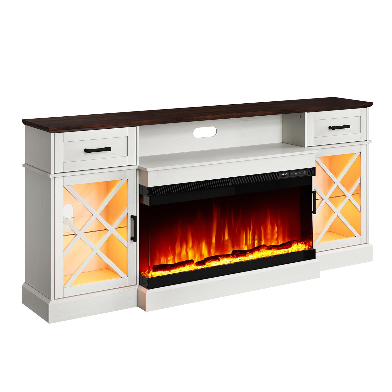 3-Sided Farmhouse LED Fireplace TV Stand, 70" Large Entertainment Center Glass Doors for TVs up to 80", Modern Wood Grain High-Gloss TV Storage Cabinet for Living Room, Antique White