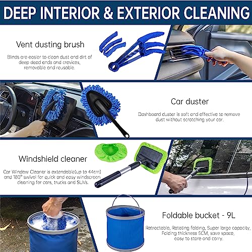 Bemece 14PCS Car Cleaning Kit - 9L Collapsible Bucket, Tire Brush & Hub Brush | Windshield Wiper | Microfibre Wash Mitt Towel Sponge | Vent Duster for Dust Remove for Car Motorcycle Trucks Cleaning - Image 5
