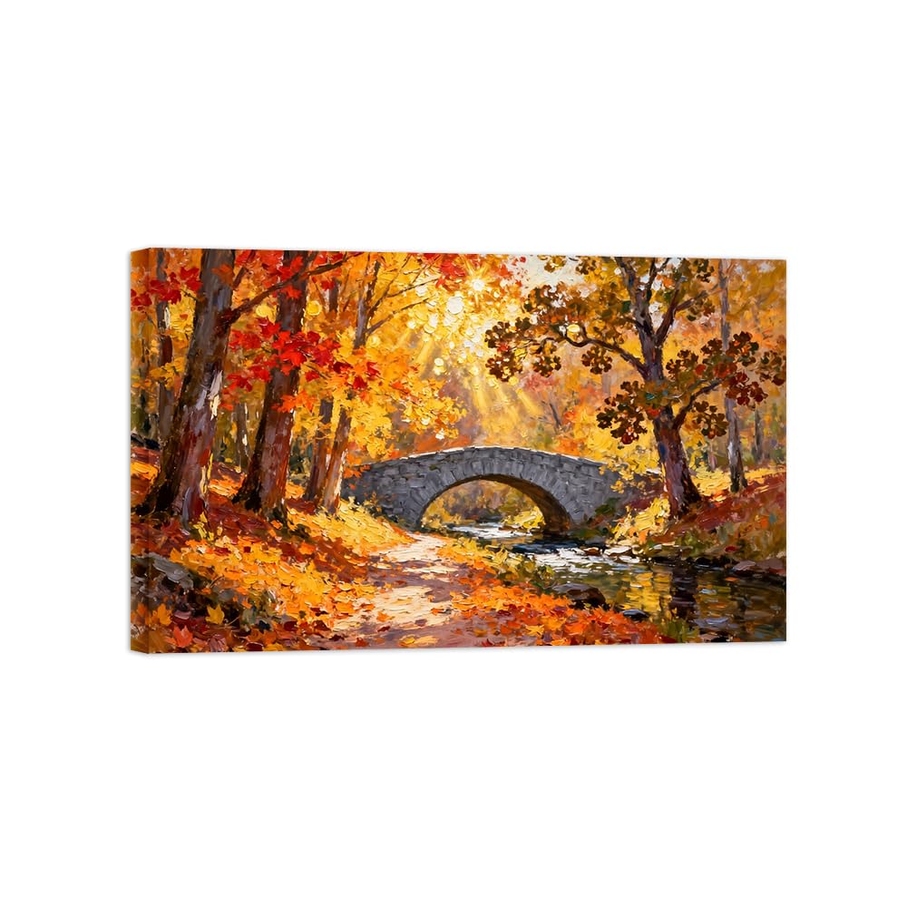 Ozpwbvy Wrapped Canvas Autumn Bridge Landscape Canvas Wall Art Picture 40X65cm Framed
