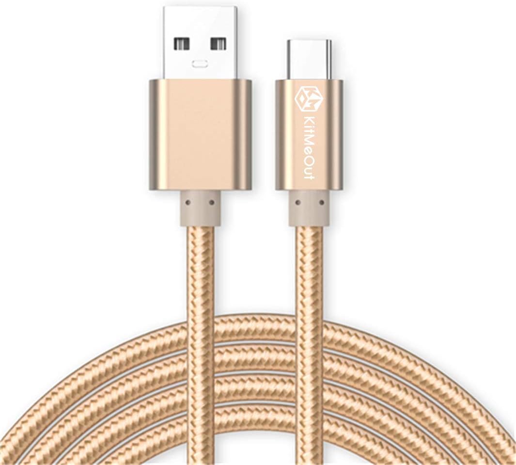 Kit Me Out World USB Type C, 3.1 Amp USB C Fast Charging Cable Nylon Braided USB-A to USB-C 10ft Compatible with Samsung Galaxy S10 S9 S8 Note 10 Note 8 9 A20 A40 A50 Pixel 4, Pixel 4 XL (Gold)