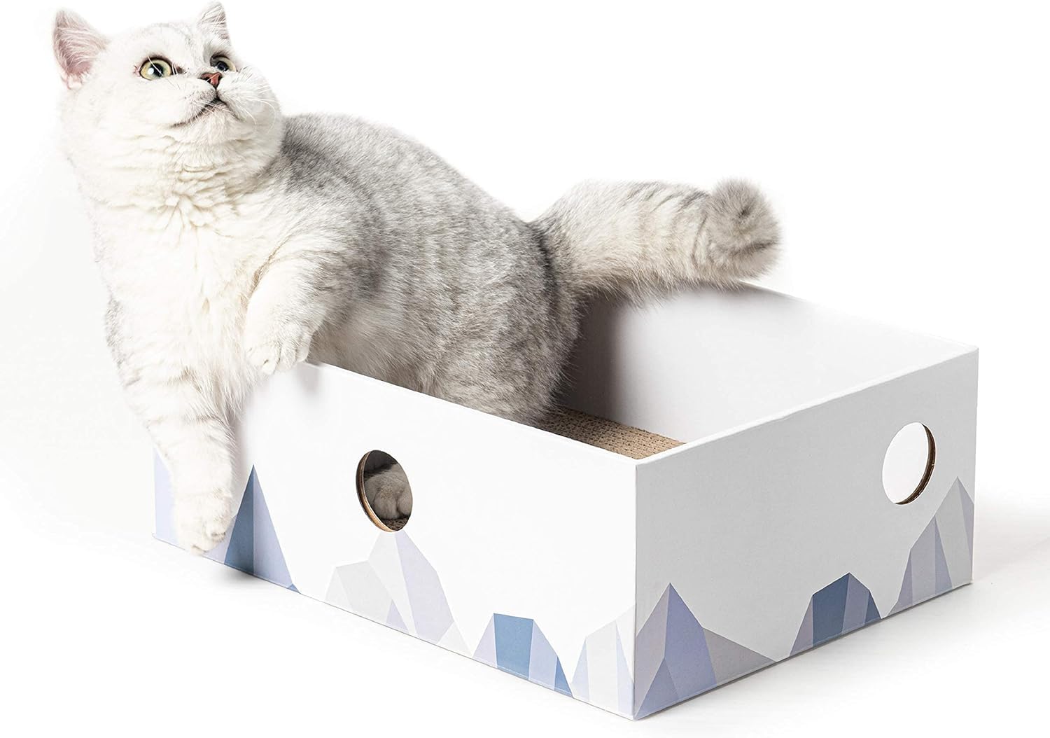 Conlun Cat Scratching Board with Box, Durable Cardboard Cat Scratcher Box, Double-sided Corrugated Scratch Pad, Interactive Holes & Mess-Free Design, Toy Gift for Kitty (1-Pack, Medium, White)