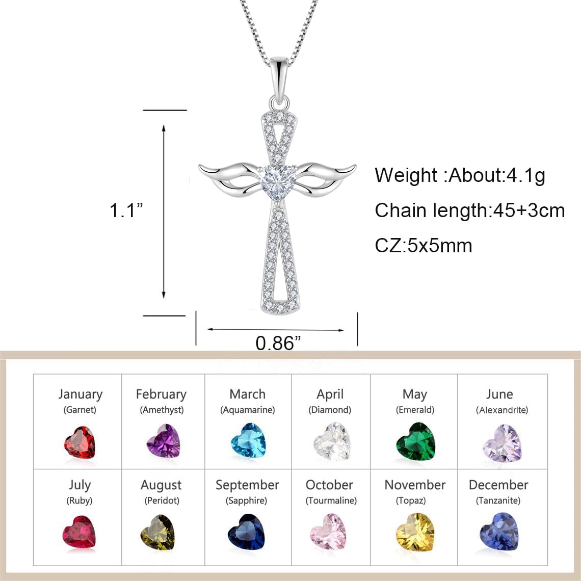 JO WISDOM Guardian Angel Wings Cross Necklace 925 Sterling Silver Cubic Zirconia Heart Birthstone Pendant Jewelry for Women