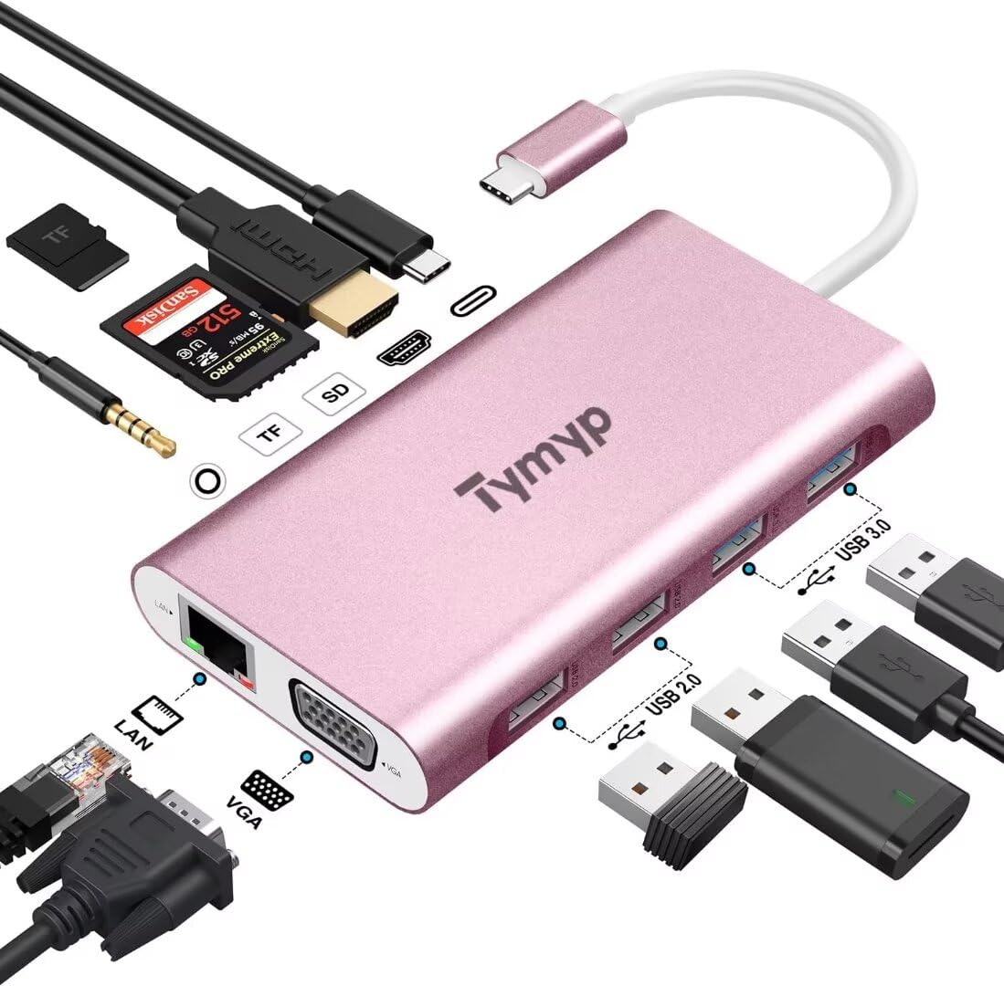 Hub USB C, adattatore 11 in 1 USB C per MacBook Pro/Air, Surface Pro e altri dispositivi di tipo C, distributore USB con 4 K Hdmi, 4 USB A, VGA, Ethernet, audio da 3,5 mm