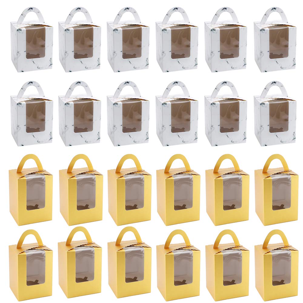 LWZko 24 Pcs Single Cupcake Boxes, Mini Cupcake Gift Boxes, Paper Kraft Bakery Pastry Boxes, Packaging Boxes with Display Windows for Wrapping Cupcakes, Muffins, Christmas, Birthday Party, Wedding