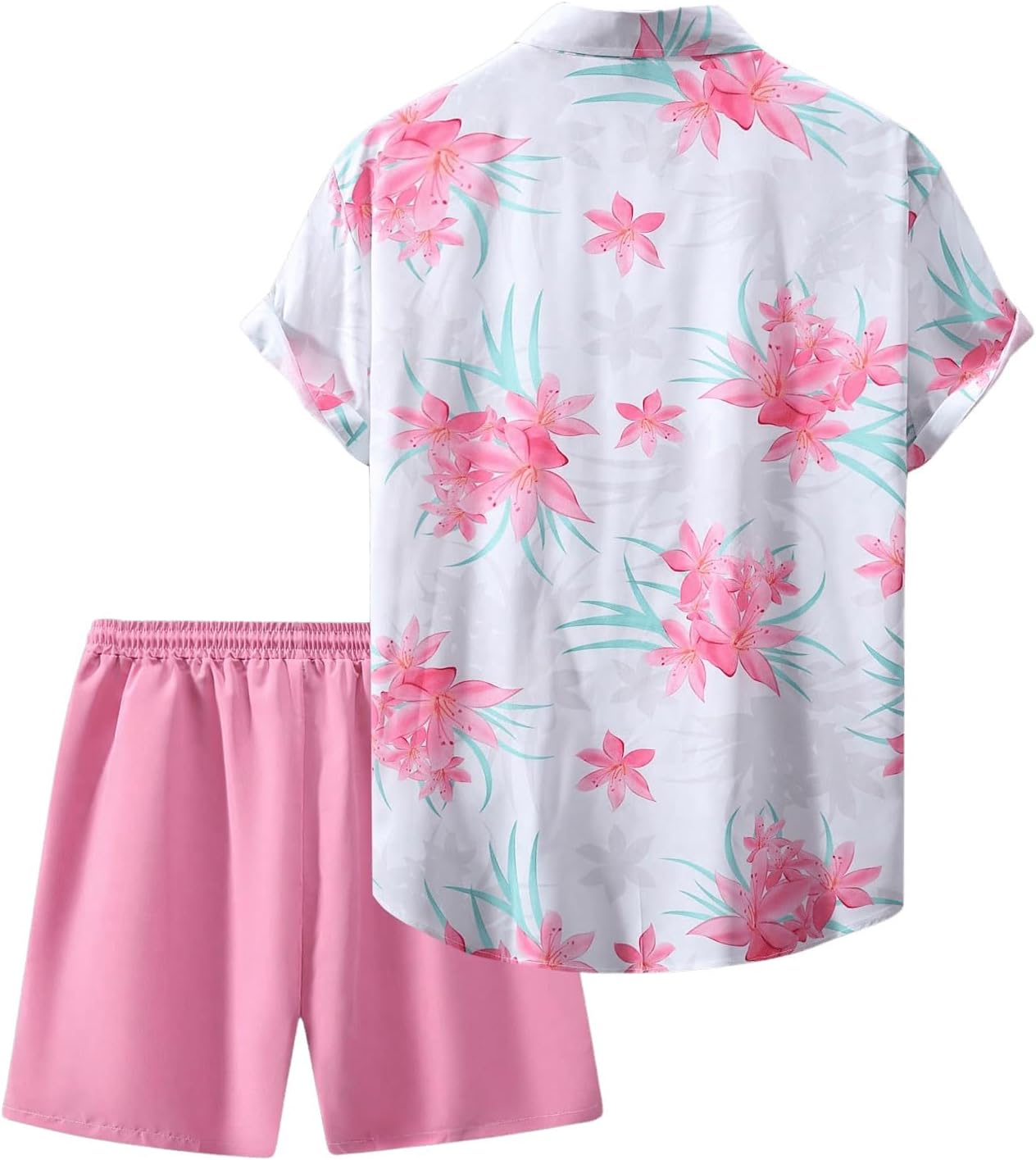 Men's Plus Size 2 Pieces Outfit Floral Print Short Sleeve Button Down Shirt and Shorts Set - Image 2