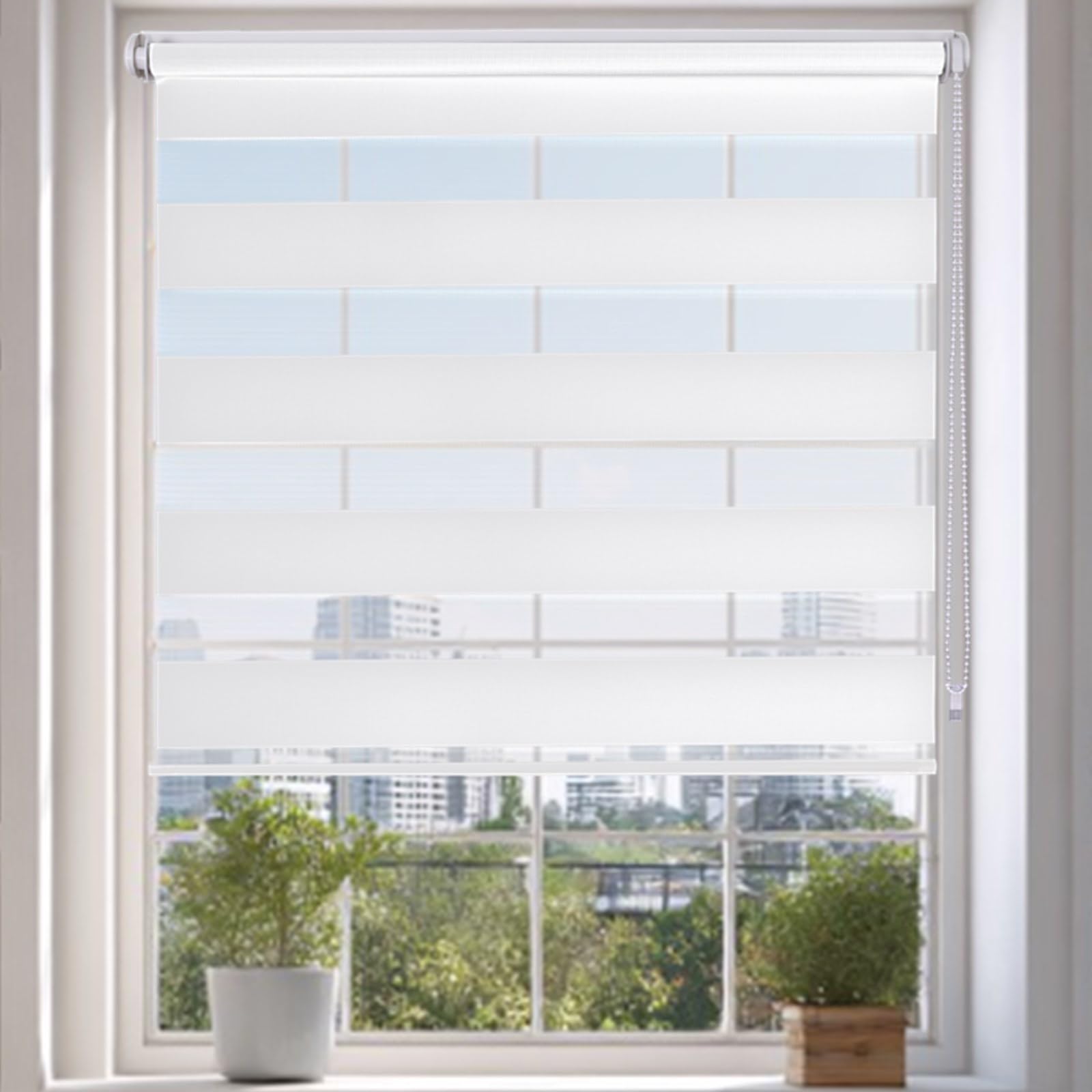 Day and Night Blinds Zebra Blinds No Drill Roller Blinds for Windows Blackout Stick On Self Adhesive Easy Fit Window Blind for Home Bathroom Bedroom Kitchen (White, 100W x 160H cm)