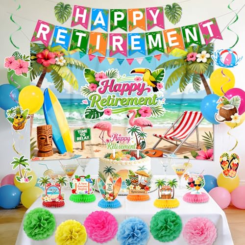 Image of Luau Hawaiian Retirement Party Decorations Tropical Happy Retirement Banner Backdrop with Honeycomb Pom Poms Centerpieces Hanging Swirls Beach Summer Retirement Party Supplies