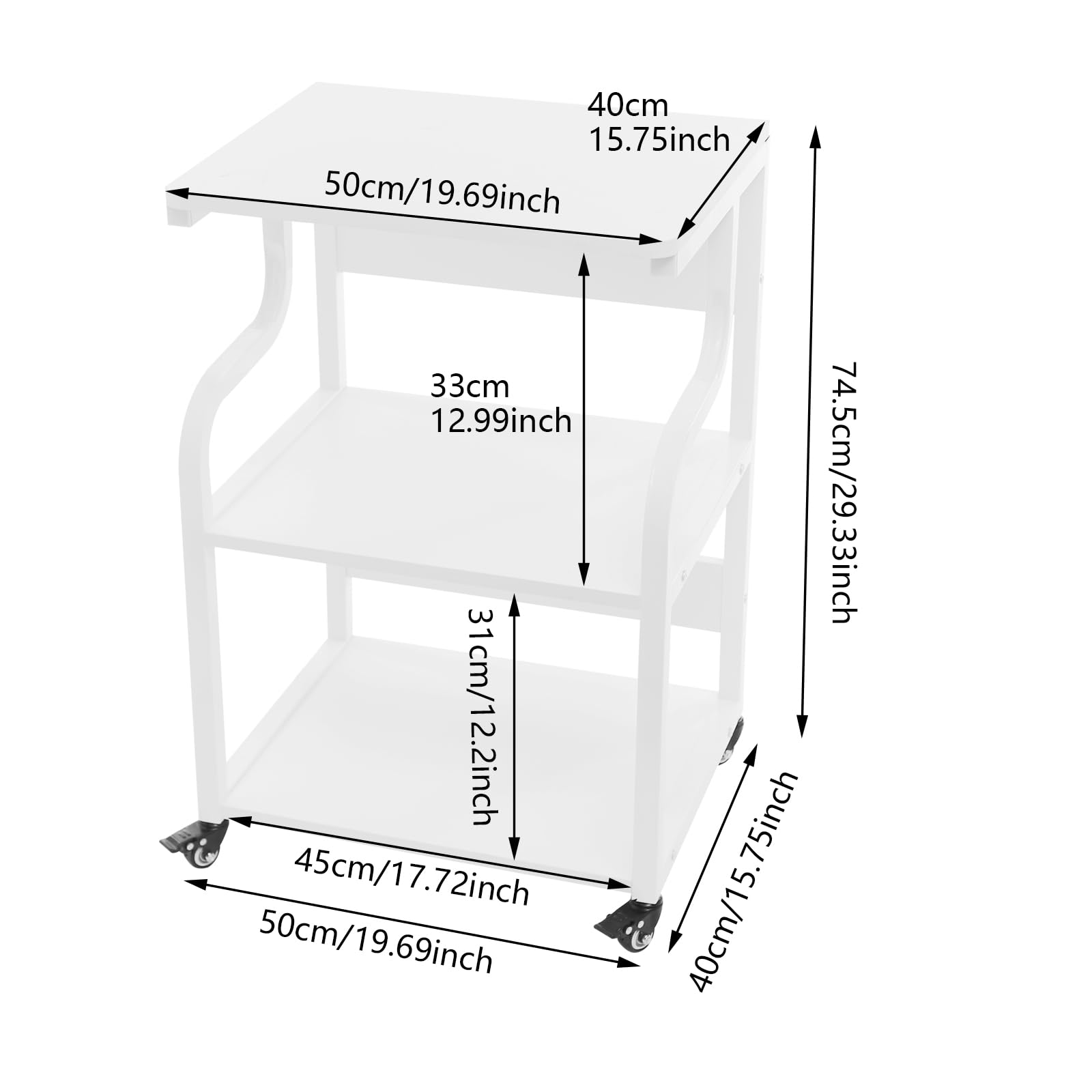 Tavolo per stampante a 3 livelli con ruote universali, 50 x 40 x 74,5 cm, in metallo, oltre 80 kg, per uffici domestici, uffici aziendali, sale di studio, spazi di stampa