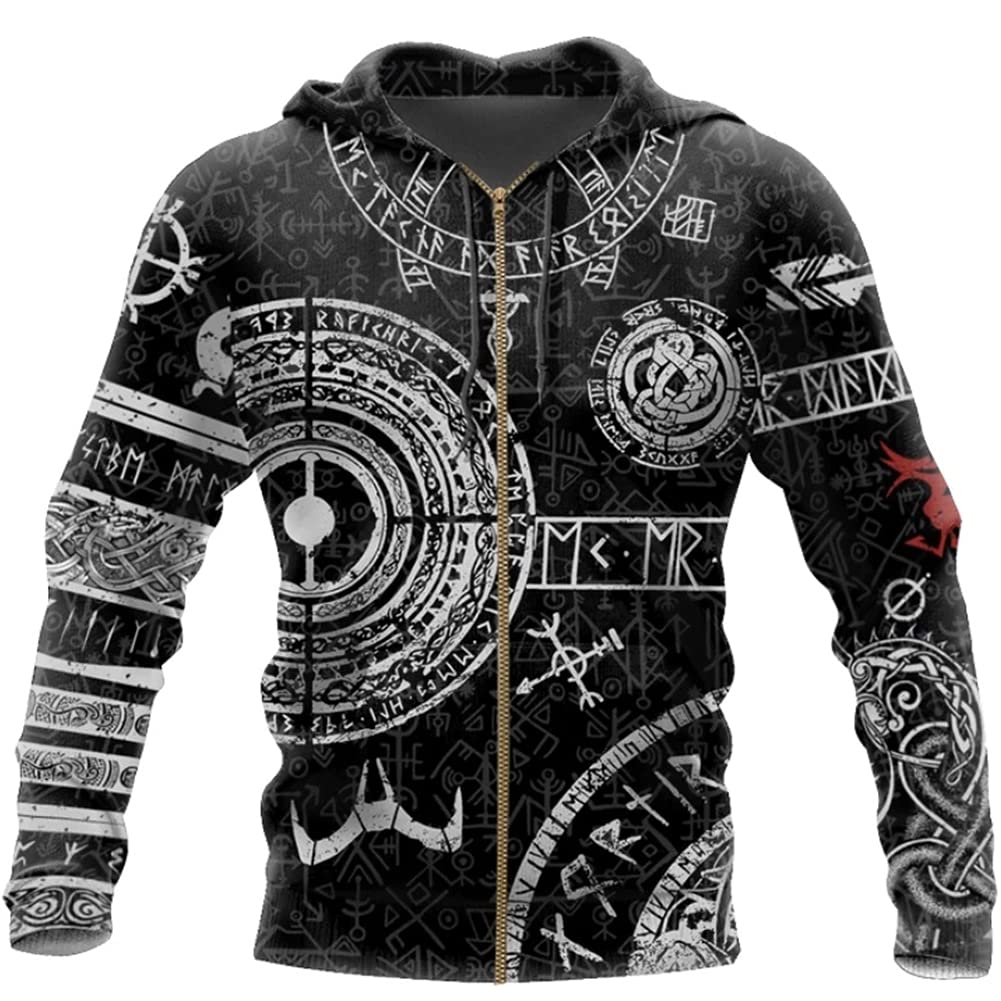 3D Viking Odin Tattoo Hoodie Men Print Hooded Sweatshirt Nordic Mythology Long Sleeve Casual Loose Pullover Jacket