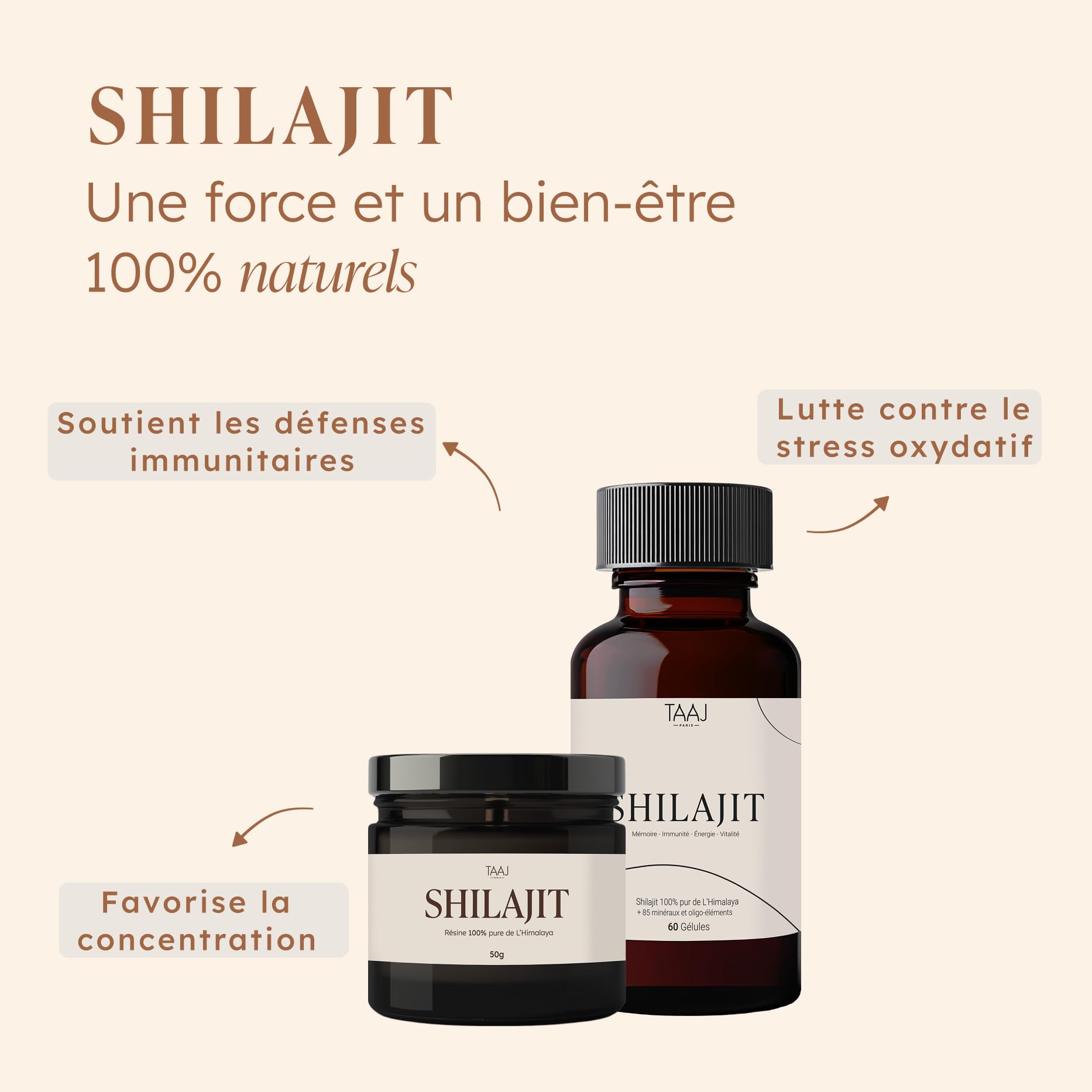 TAAJ | Shilajit en résine | Pur de l'Himalaya, 100% naturel | 70% d'acides fulviques | + 85 minéraux et oligo-éléments | Antioxydant | Cure de 3 mois | 50g
