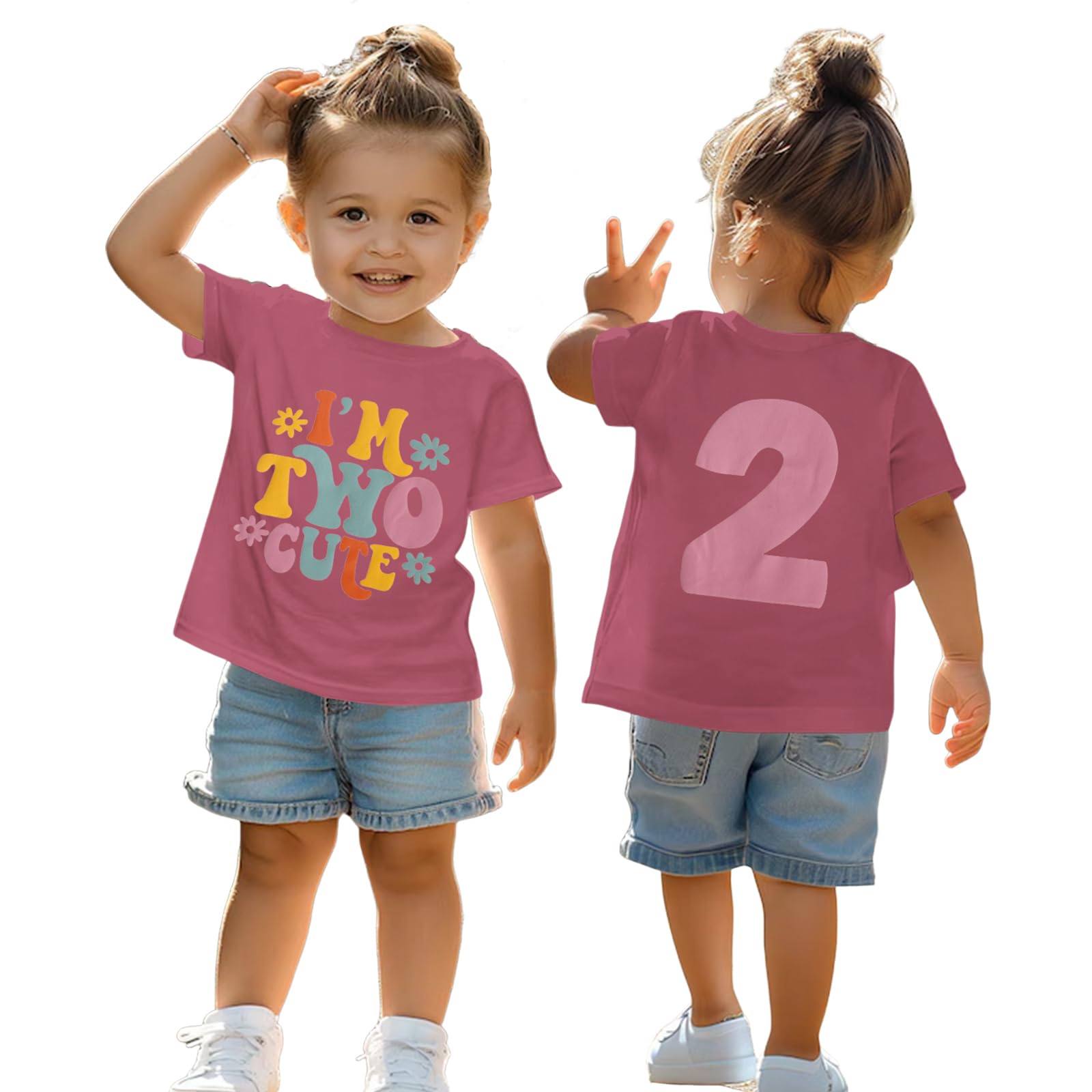 T-shirt 2ème anniversaire pour fille « I'm Two Cute » Imprimante Chemise Deuxième Anniversaire T-shirt Fête d'anniversaire Vêtements Été Manches Courtes Hauts Doux Col Rond Chemises 2 Ans Enfants
