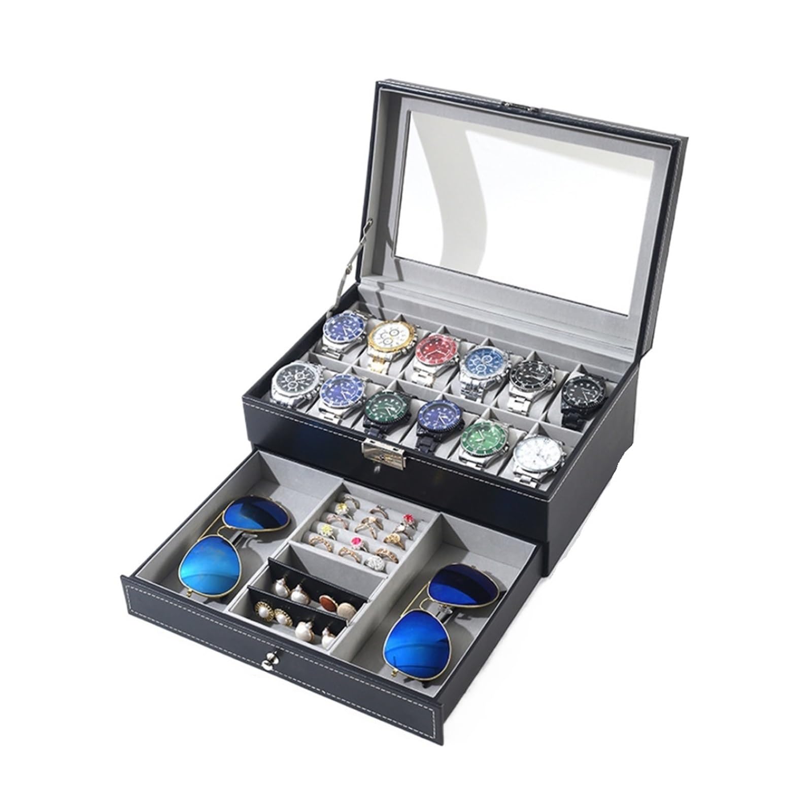 EKalgretrA Watch Case 12 Slot Lockable Watch Storage Boxes,Men Women's Jewelry Display Drawer Case, 2-Tier Organizer Showcase