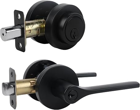 Door Handles Exterior, Keyed Entry Lever and Single Cylinder Deadbolt Combo Pack, Door knob with Lock and Key, Round Entry Door Locksets Front Door, Matte Black All Keyed Alike 1Pack