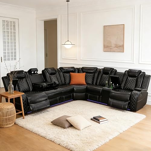 Power Reclining Sectional Sofa with LED, Leather Recliner Couch for