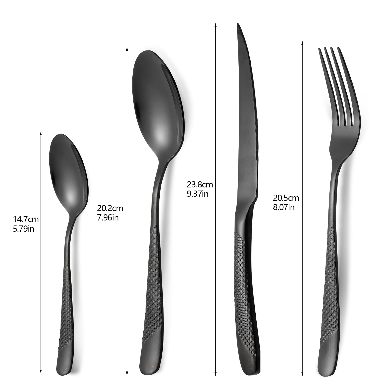 Set di posate martellate da 24 pezzi, posate in acciaio inox 18/10, set di posate per 6 persone, set di forchette cucchiai coltelli (Nero)