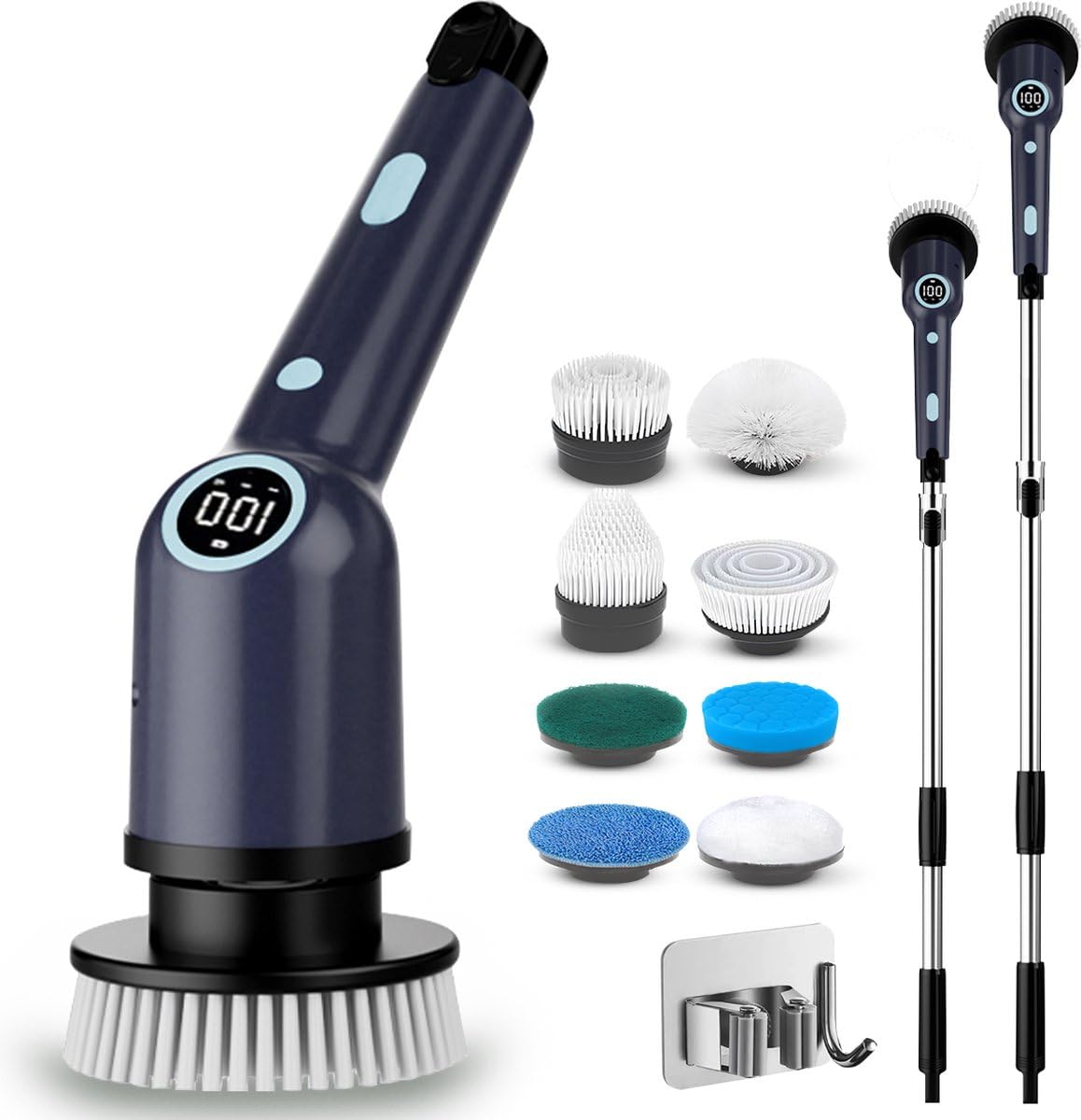 Samako Cepillo de limpieza eléctrico con mango – IPX6 resistente al agua – 9 cabezales – Estropajo con batería para baño, azulejos, ducha y suelo