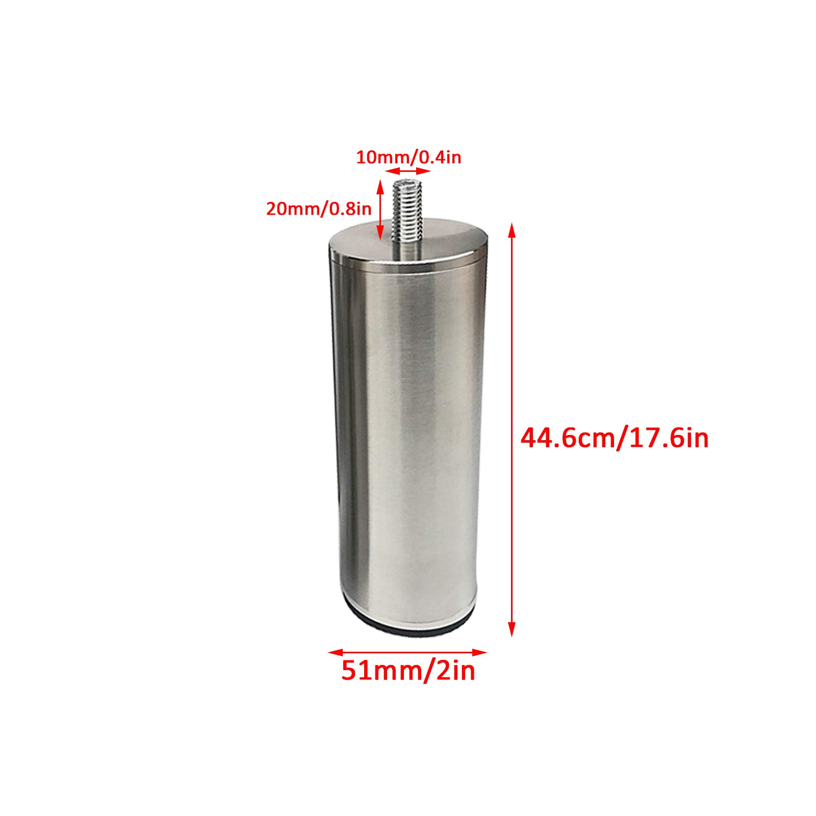 4 gambe filettate in acciaio spazzolato, gambe in pelliccia di metallo antiscivolo, per divano, letto, cucina e bagno, altezza regolabile 44,6 cm / 17.6in