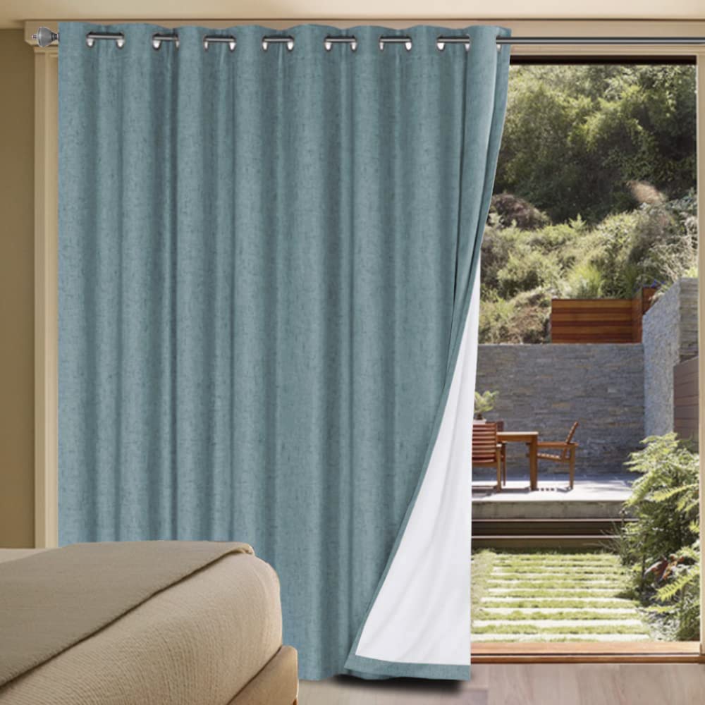 H.VERSAILTEX Linen Blackout Curtains Durable Thick Textured Linen Look 100% Blackout Patio Door Curtain Anti Rust Grommet Extra Wide Sliding Door Curtain Panel, W100 x L84 inch - Stone Blue