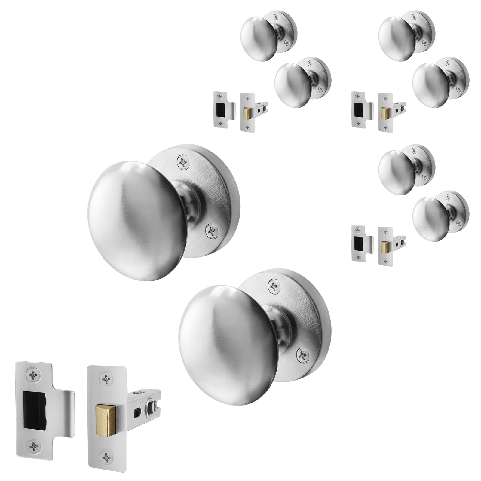 EAI Satin Door Knob Set - 4 Pairs of Satin Chrome Victorian Mortice Knobs (55mm) & Latch (76mm) for Internal Doors