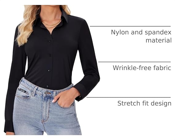 siliteelon Button Down Shirts for Women Slim fit Long Sleeve Stretch Dress Shirts Work Shirt Wrinkle Free Office Blouses