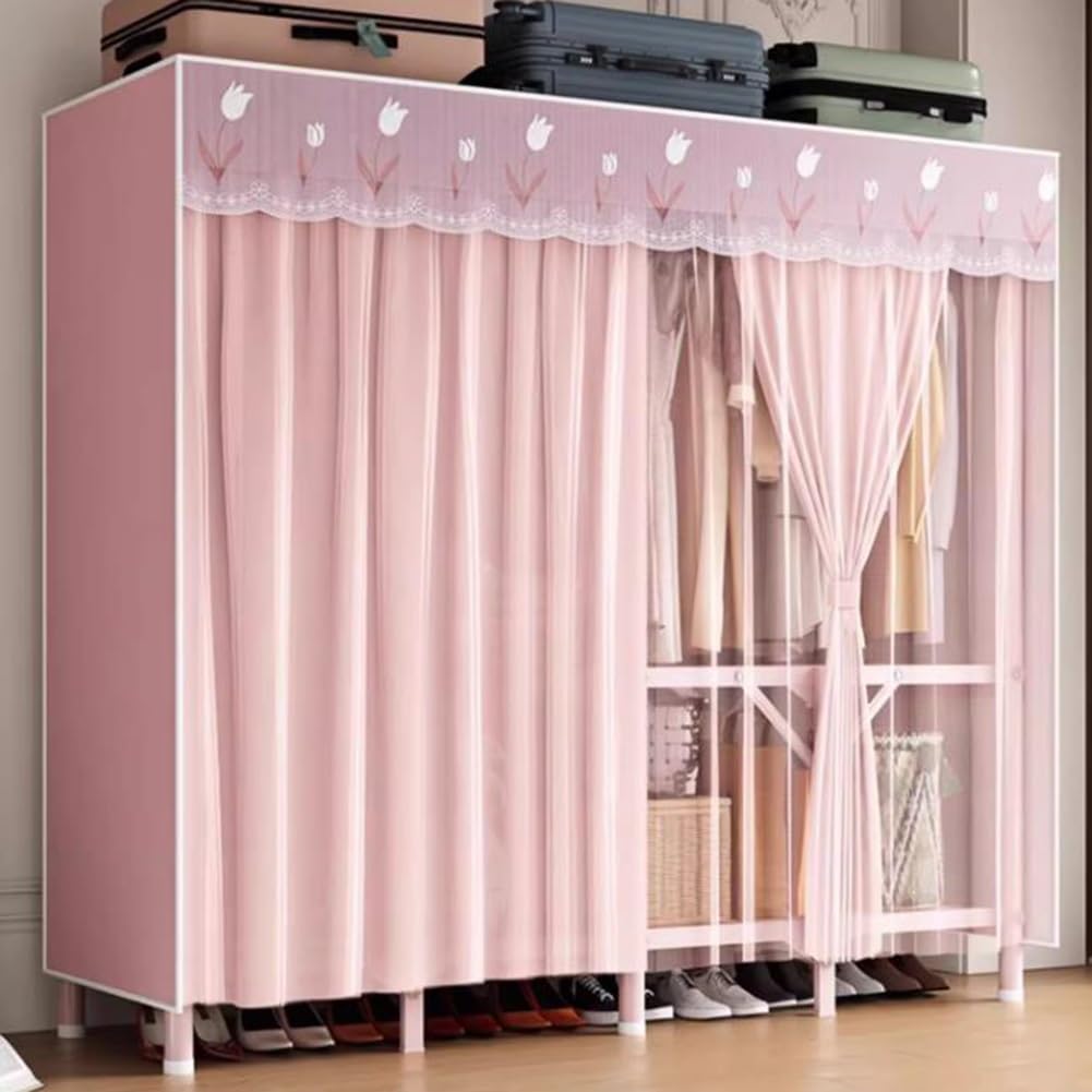 Armario Portátil Grande con Cortinas De Gasa, Armario De Ropa Plegable Diseño De Plegado Integrado Barandilla del Dormitorio Percha De Marco Metálico De Tubo De Acero De 26 Mm(200x45x170cm)