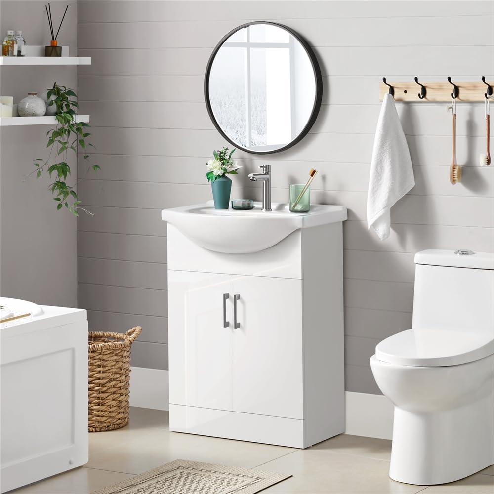 Yaheetech Mobile Bagno con Lavabo in Ceramica Armadietto a Terra con Lavandino Set Mobile da Bagno Moderno 61 × 43,5 × 84 cm Bianco