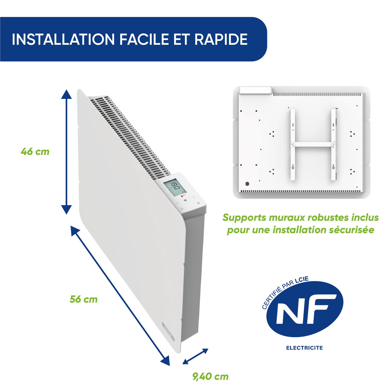 Radiatore a inerzia a secco ecologico - basso consumo - Termostato digitale regolabile, design moderno e riscaldamento permanente (1000 W)