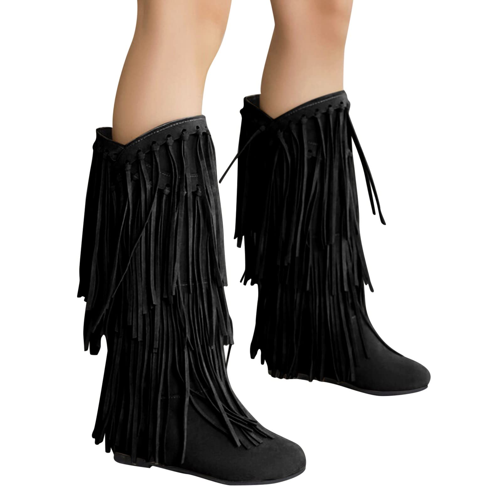 Generisch Botas con flecos para mujer, botas de vaquero para mujer, botas de invierno medianas y altas, suela plana, botines de moda para mujer, monocolor, botas de exterior, informales, cómodas