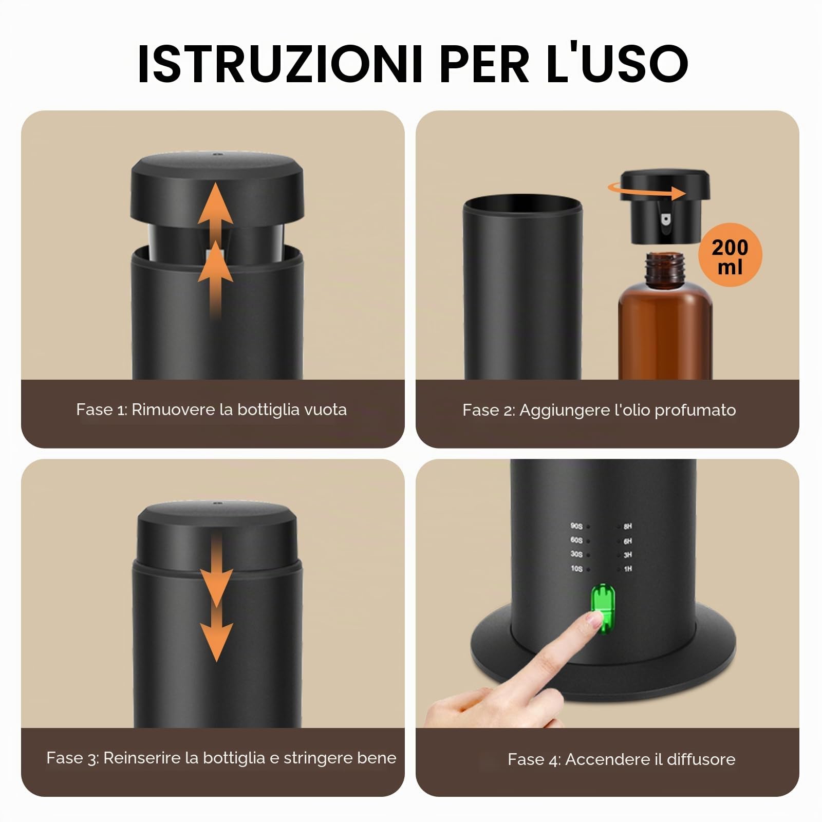 Diffusore di profumo senza acqua per oli essenziali per hotel, intere case, ampi spazi, uffici, casa, 200 ml, grande capacità, portata 135 m². (nero) (XL)