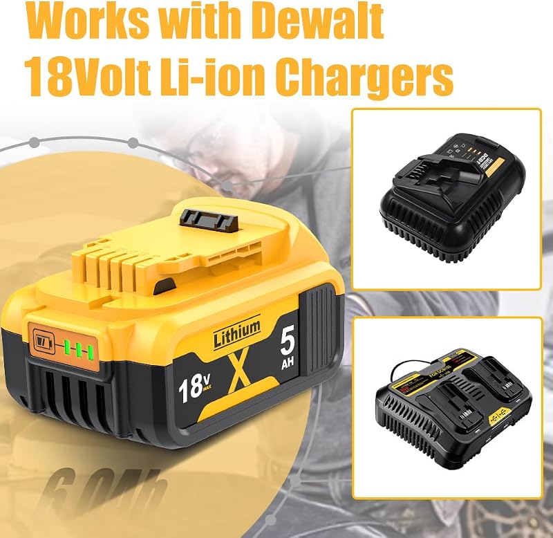 Set 2 acumulatori de schimb GGiking 5000 mAh 5 Ah DCB182 pentru DeWalt 18 V cu LED, compatibili cu DCB200 DCB184 DCB101 DCB107 DCB112 DCB105 DCB115 DCB203