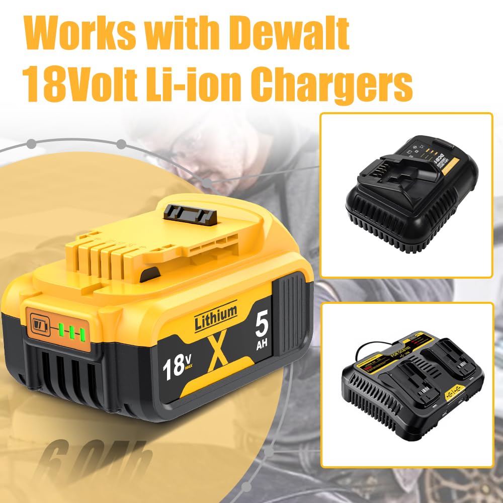 2 Stück 5000mAh DCB182 Ersatzakku für Dewalt Akku 18V, 5 Ah Ersatz für Dewalt Batteries DCB200 DCB184 DCB101 DCB107 DCB112 DCB105 DCB115 DCB203 mit LED Werkzeugakku