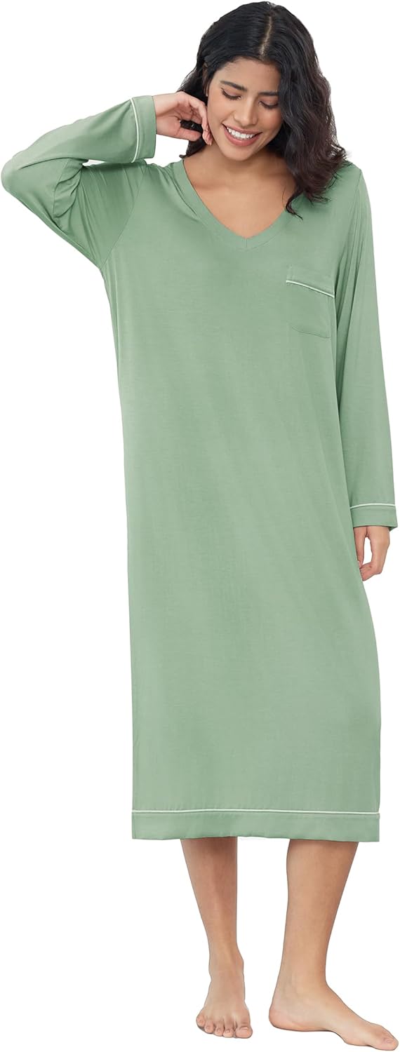 Joyaria Women Soft Long Sleeve Nightgowns Bamboo Viscose V-Neck Wicking Sleep Shirts Comfy Sleepwear S-XXL - Image 3
